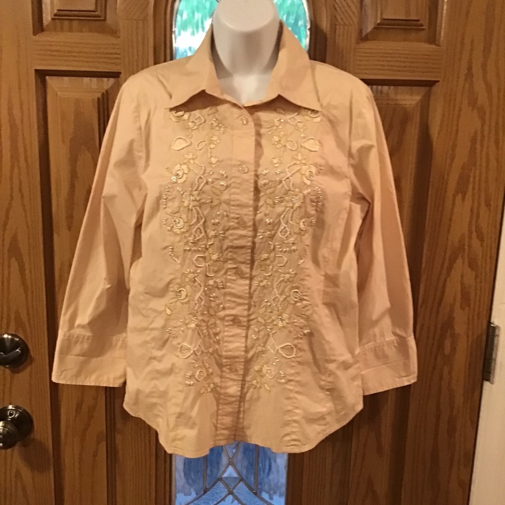 Coldwater Creek Peach Embroidered Button-Front Blouse
